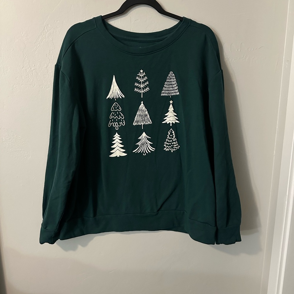 Green Crew Neck Sweater with Tree Design